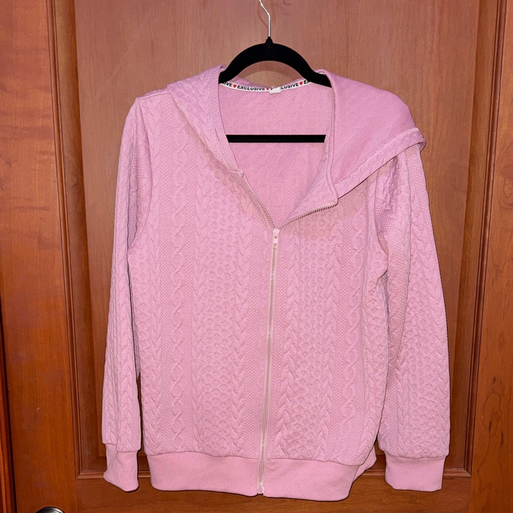 Pink Cable-Knit Zip Hoodie - Women's